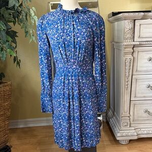 A Loves A Blue Floral Long Sleeve Mini Dress Size 6 NWT 100% Viscose Ruffle Neck